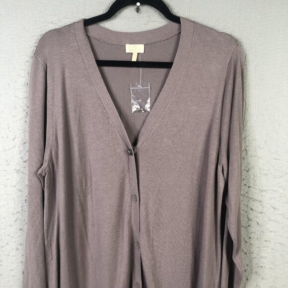 LOGO Lavish Cardigan Sweater Womens XL Taupe Longline Embellished Lace Pockets - Picture 9 of 16